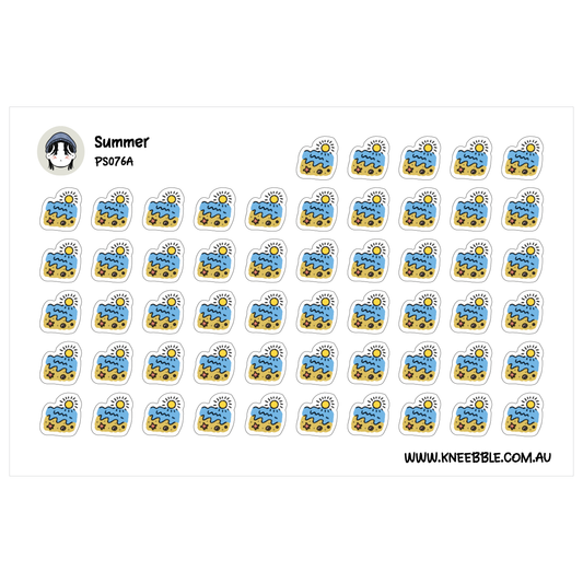 a grid of stickers with various beach-related designs, including sun, sand, and water.