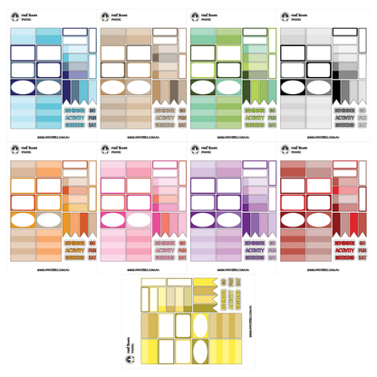 a collection of colorful and patterned stickers or decals, each with various shapes and designs. The stickers are arranged in rows and columns, creating a visually appealing and diverse display.