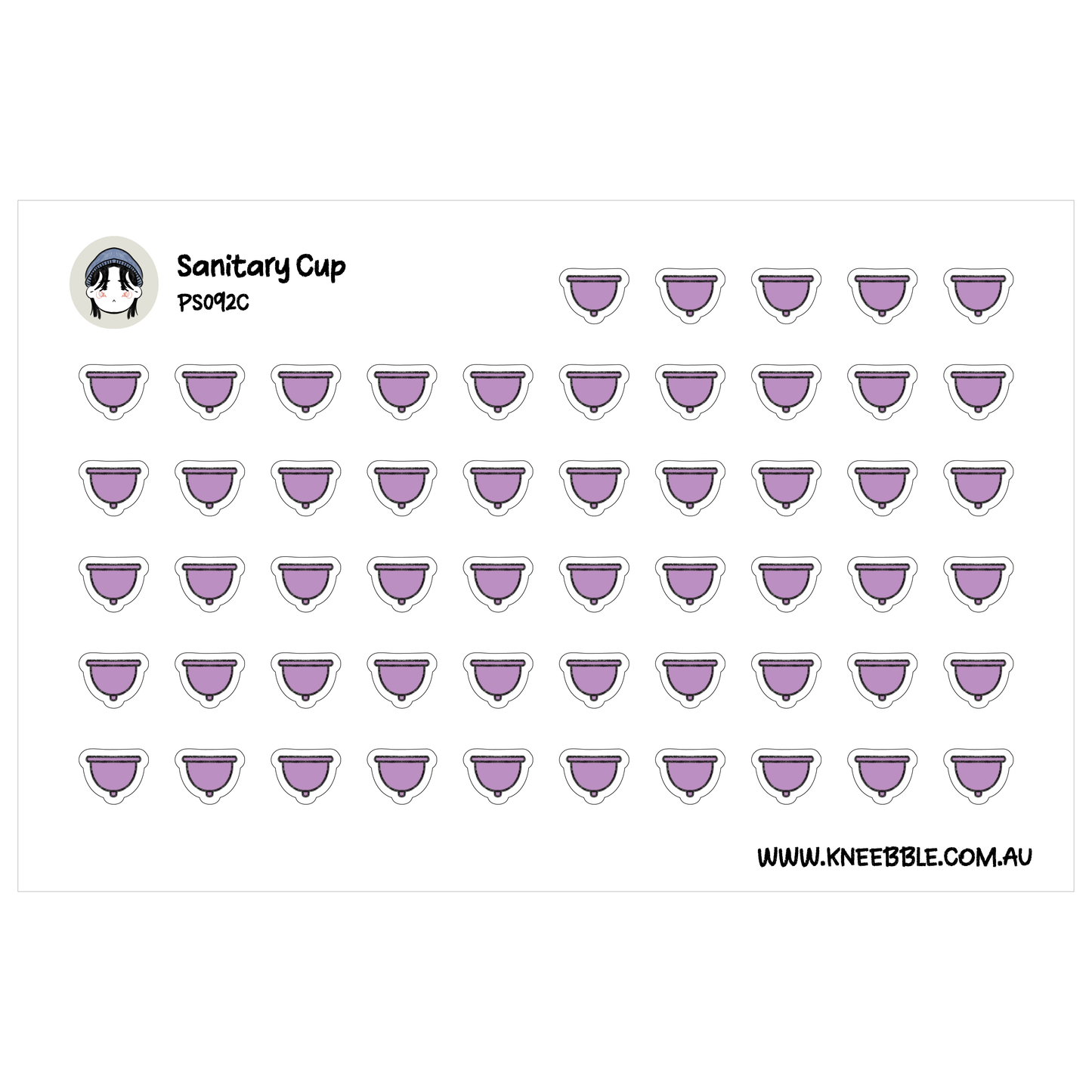 a grid of purple circles, each containing a small white circle. The caption reads "Sanitary Cup PSO92C", and the website "www.kneebble.com.au" is provided.