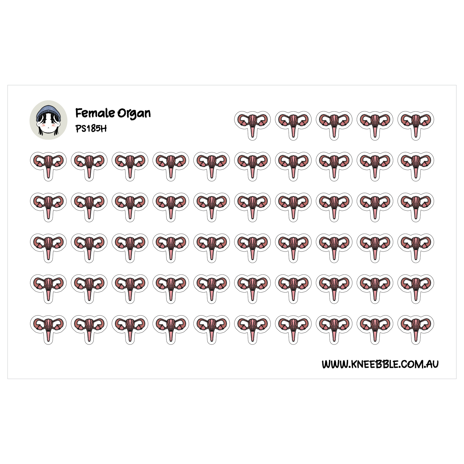 a grid of identical stickers depicting female reproductive organs, arranged in rows and columns.