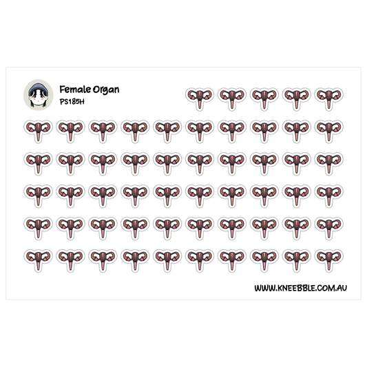 a grid of identical stickers depicting female reproductive organs, arranged in rows and columns.