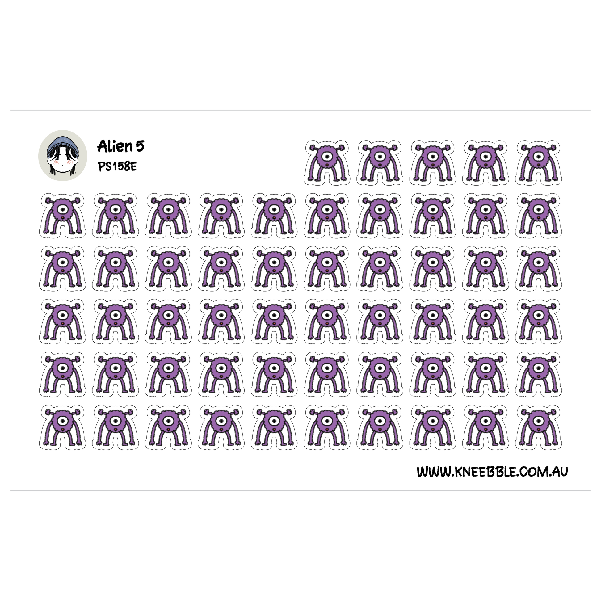 a grid of purple stickers with a small alien face on each sticker.