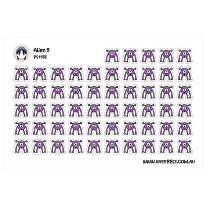 a grid of purple stickers with a small alien face on each sticker.