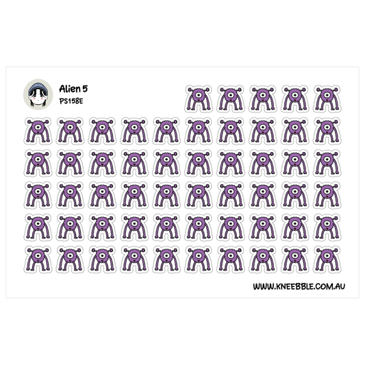 a grid of purple stickers with a small alien face on each sticker.