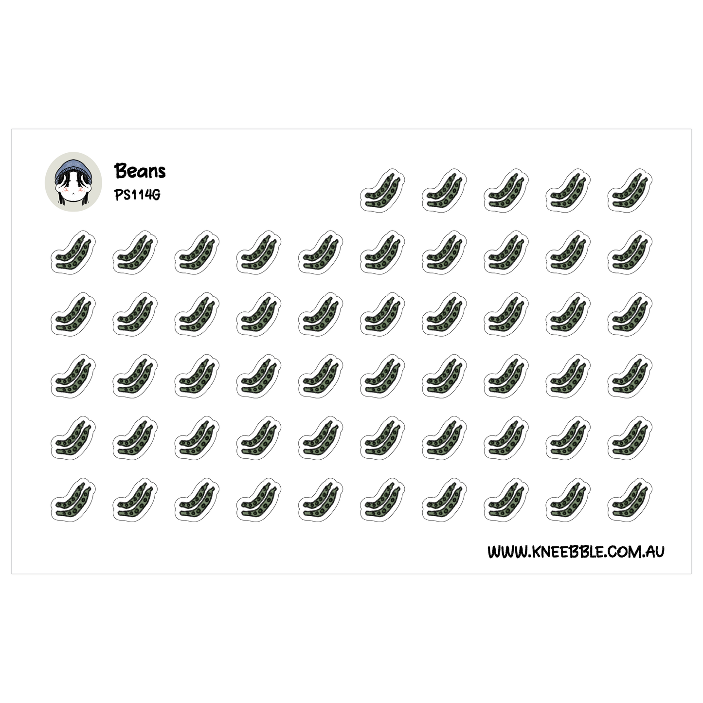 a grid of identical stickers, each featuring a green leaf-like design.