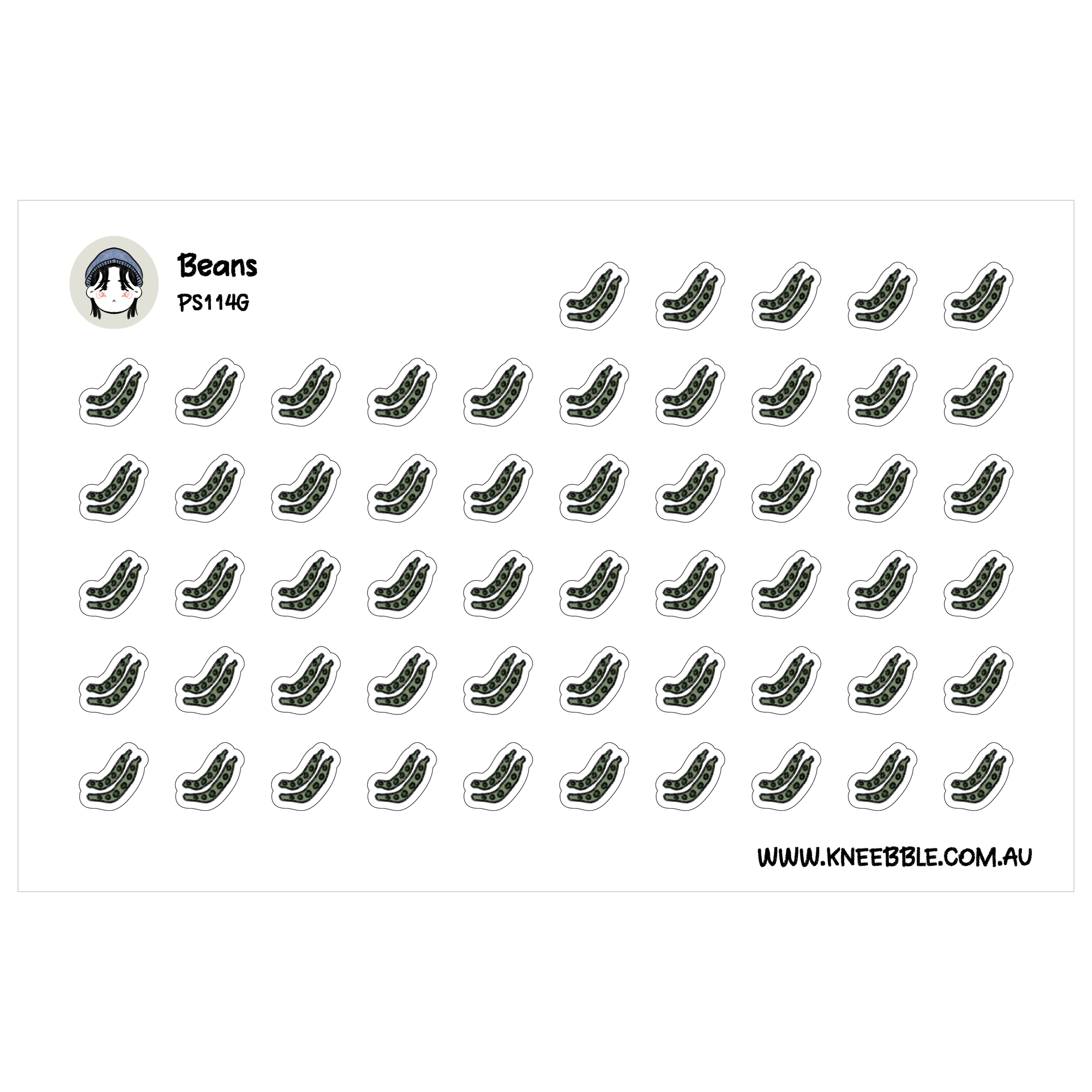 a grid of identical stickers, each featuring a green leaf-like design.