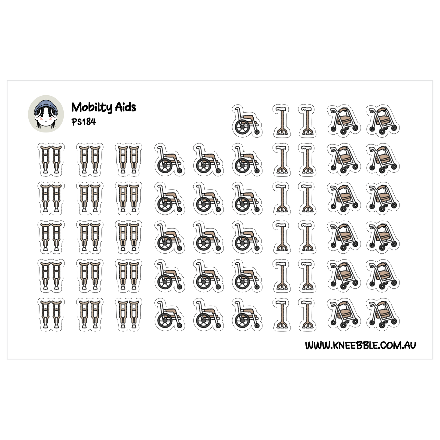 a collection of stickers depicting various mobility aids, such as wheelchairs and crutches.