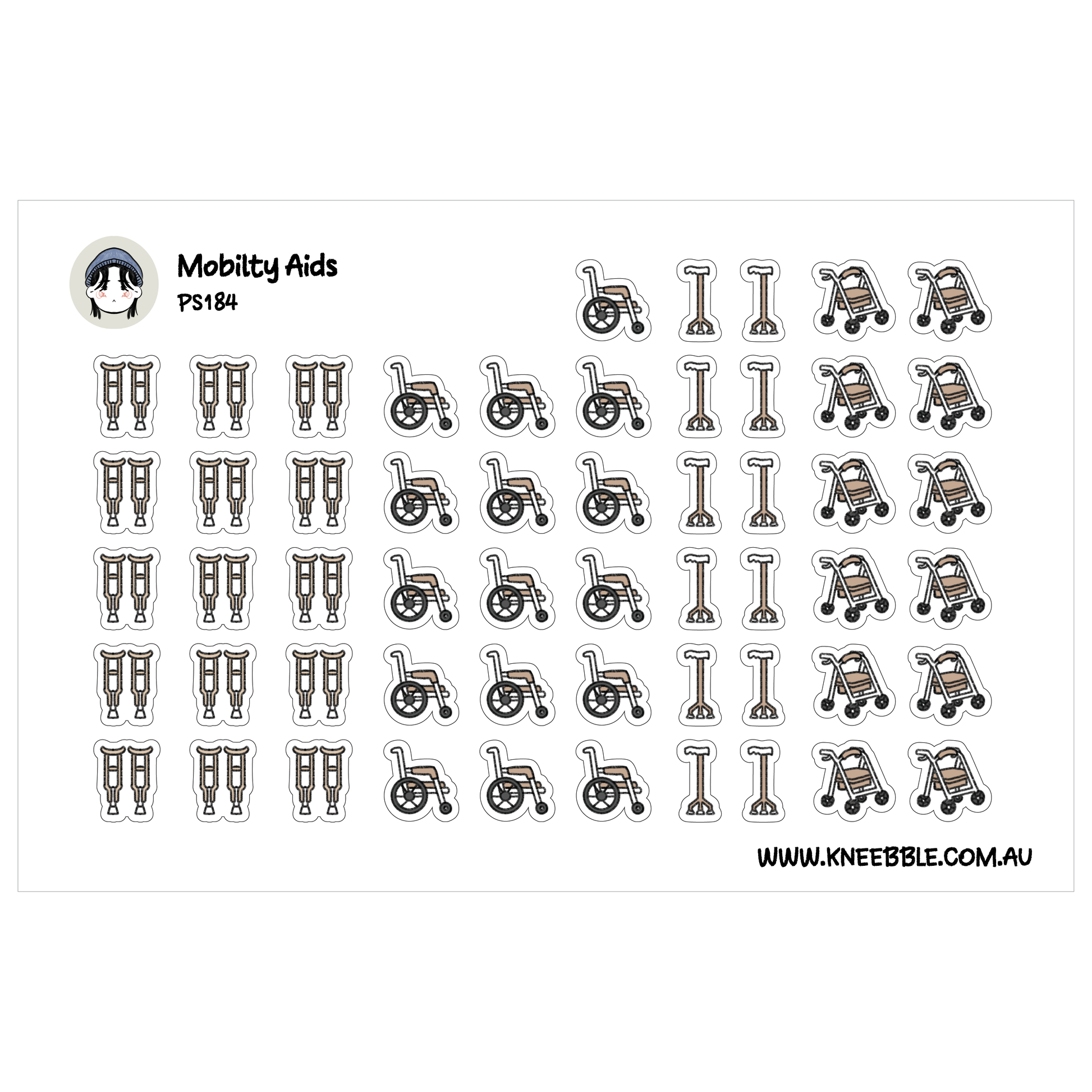 a collection of stickers depicting various mobility aids, such as wheelchairs and crutches.