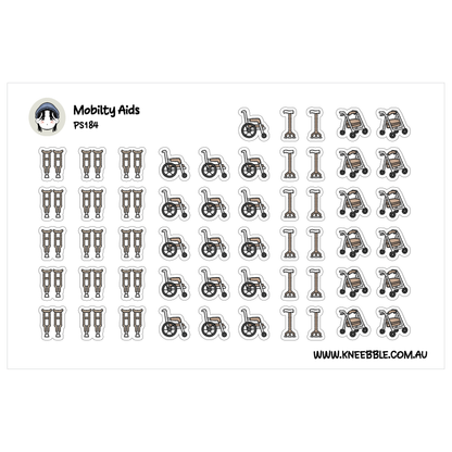 a collection of stickers depicting various mobility aids, such as wheelchairs and crutches.