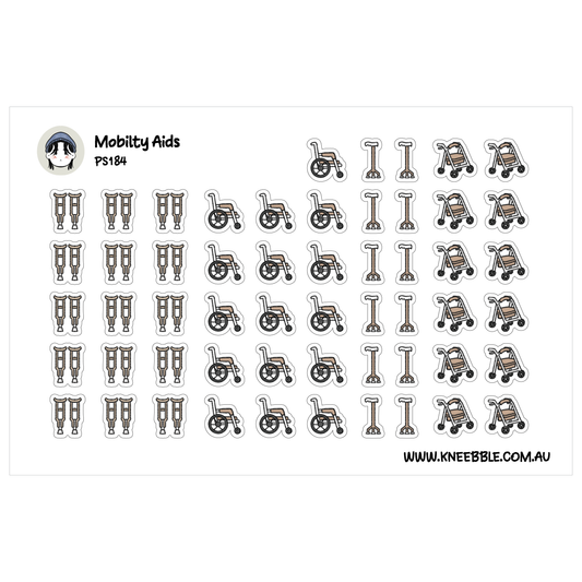 a collection of stickers depicting various mobility aids, such as wheelchairs and crutches.