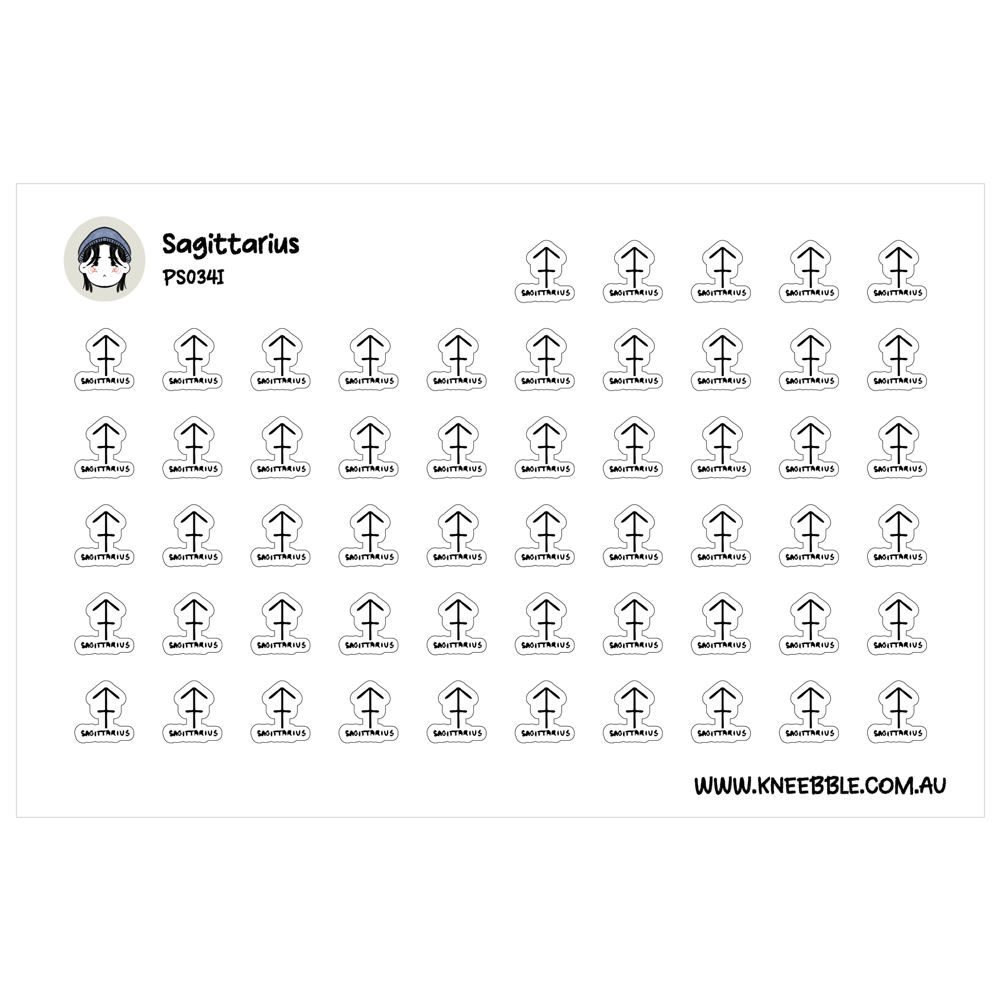 a grid of black and white stickers, each featuring a symbol or icon related to the zodiac sign Sagittarius. The stickers are arranged in rows and columns, creating a visually organized and repetitive pattern. The image does not contain any text, and the stickers are not described in detail.