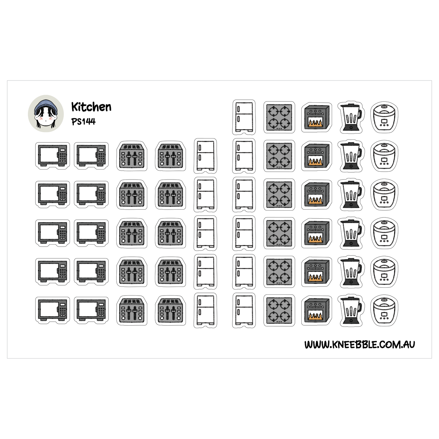 a collection of various kitchen appliances and utensils, including a refrigerator, microwave, oven, toaster, blender, and other kitchen items.