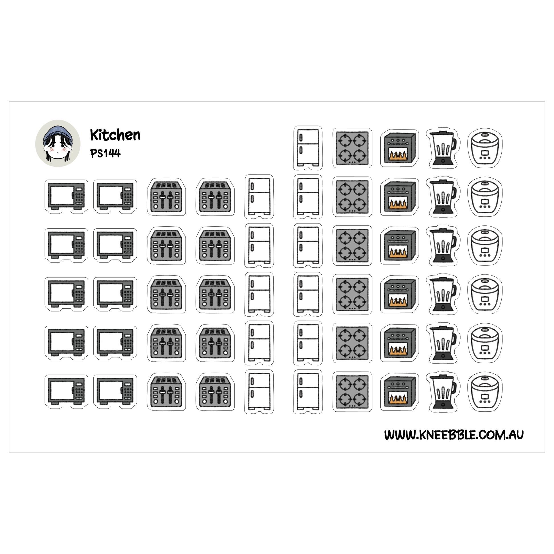 a collection of various kitchen appliances and utensils, including a refrigerator, microwave, oven, toaster, blender, and other kitchen items.