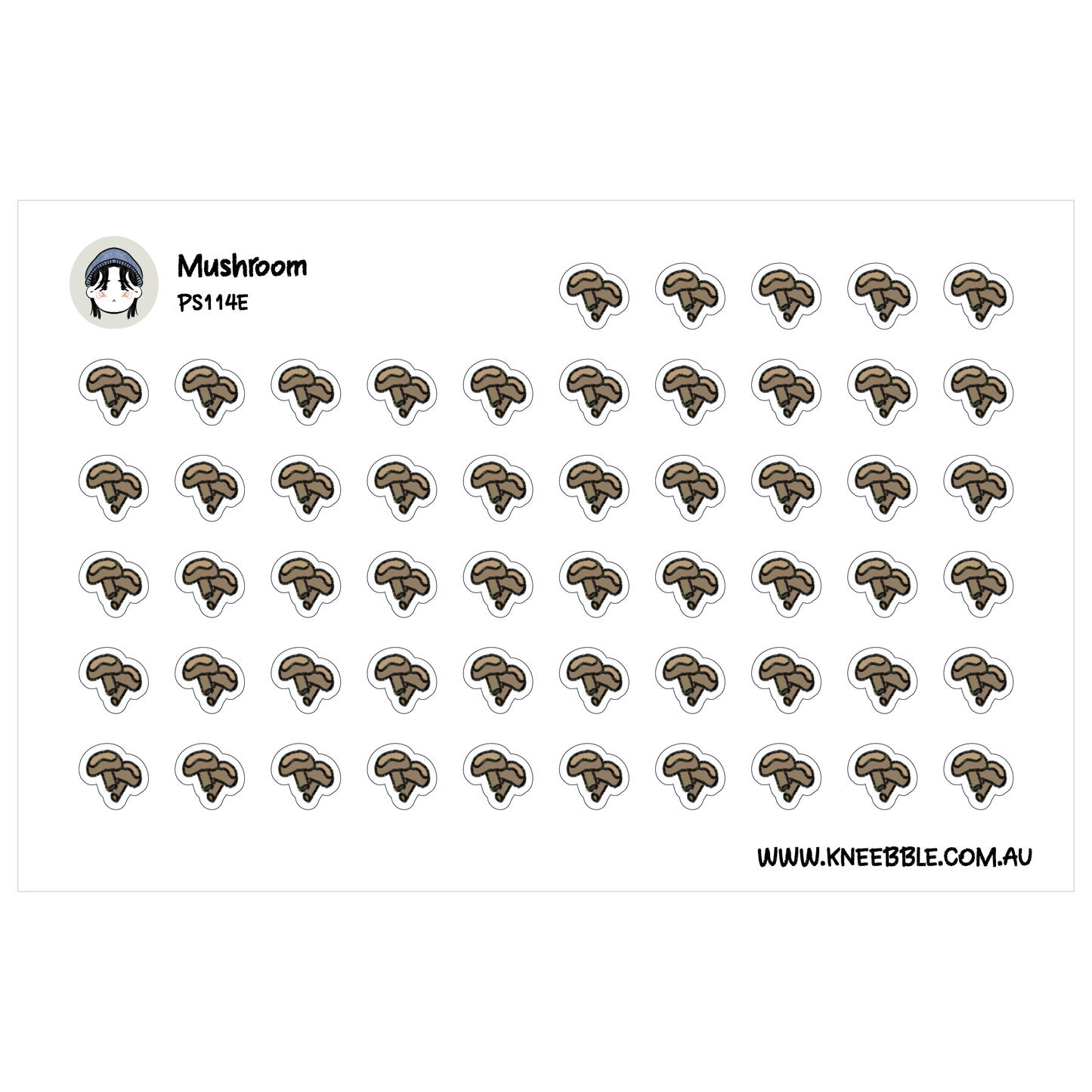 a grid of small, circular stickers with a mushroom design.