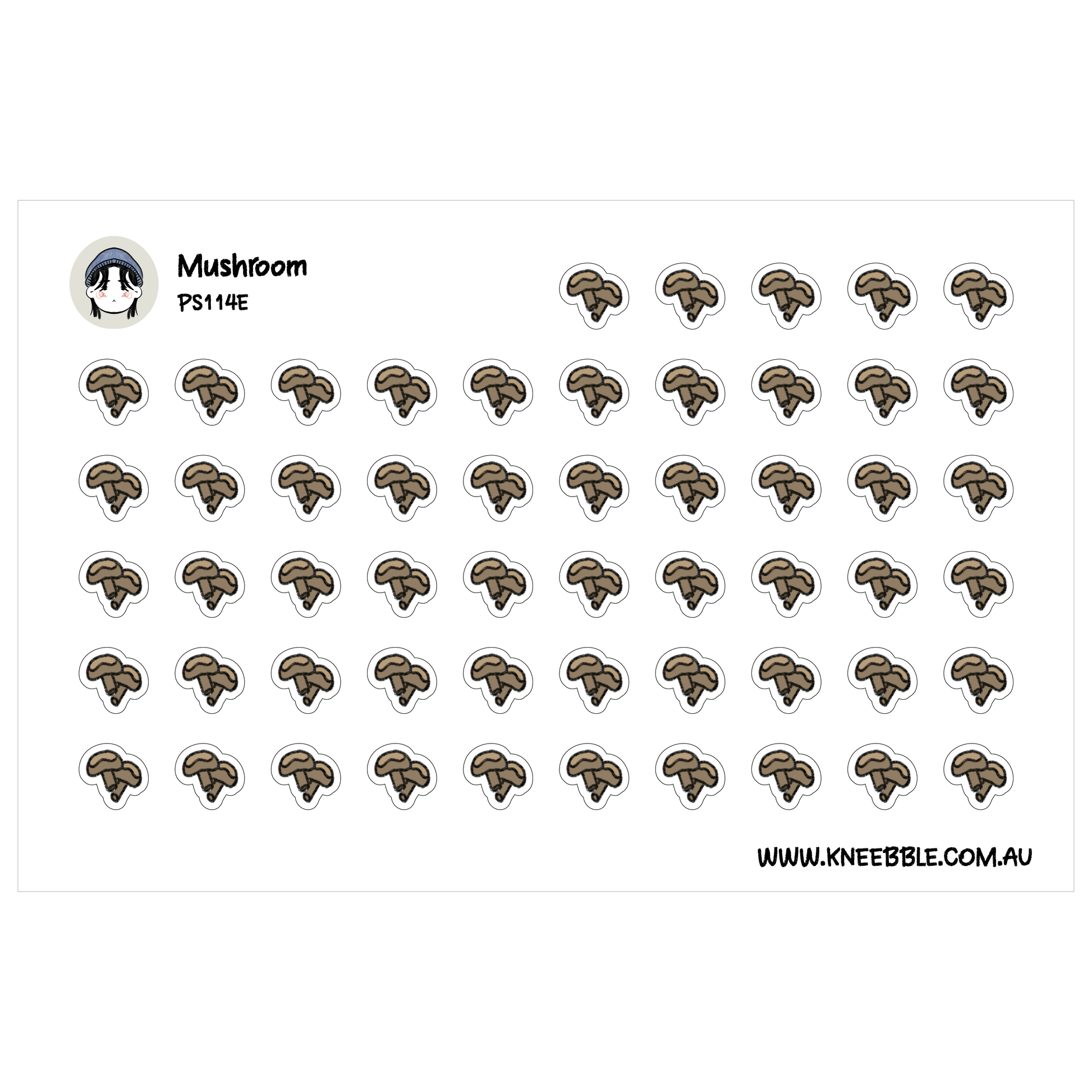 a grid of small, circular stickers with a mushroom design.