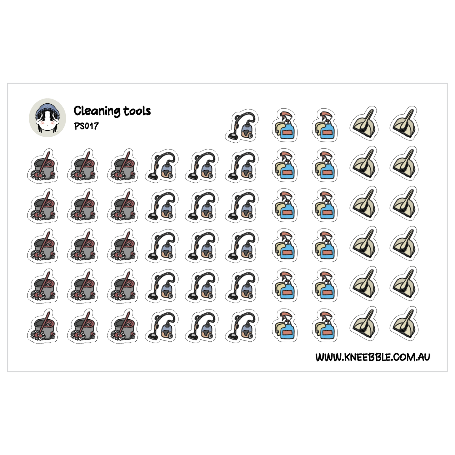 a collection of various cleaning tools, including brooms, mops, and other equipment, arranged in rows and columns.