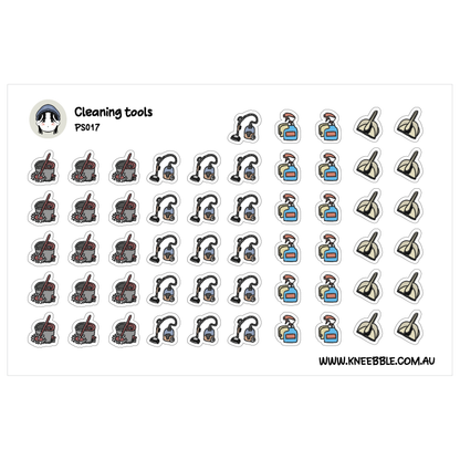 a collection of various cleaning tools, including brooms, mops, and other equipment, arranged in rows and columns.