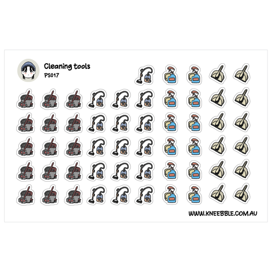 a collection of various cleaning tools, including brooms, mops, and other equipment, arranged in rows and columns.