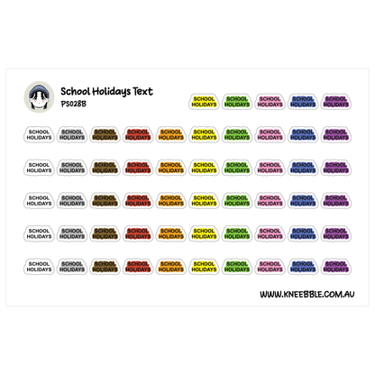 a collection of colorful stickers or labels, each with a different school holiday written on it. The stickers are arranged in rows and columns, and they are designed to represent various school holidays throughout the year.