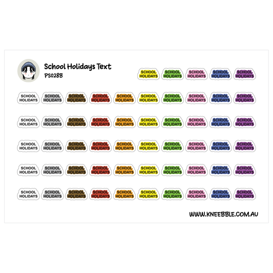 a collection of colorful stickers or labels, each with a different school holiday written on it. The stickers are arranged in rows and columns, and they are designed to represent various school holidays throughout the year.