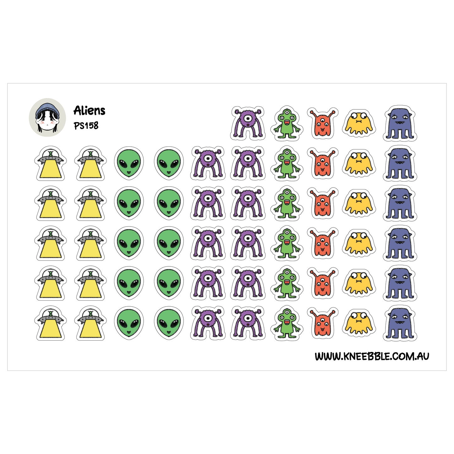 a collection of colorful stickers featuring various cartoon-style alien characters and other whimsical designs.