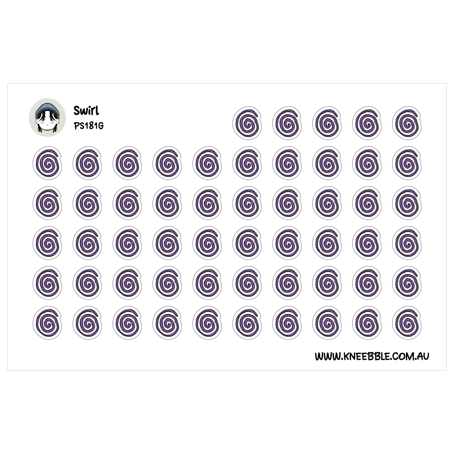 a grid of purple spiral designs, with the text "Swirl PS1814G" and "www.kneebble.com.au" displayed above and below the grid.