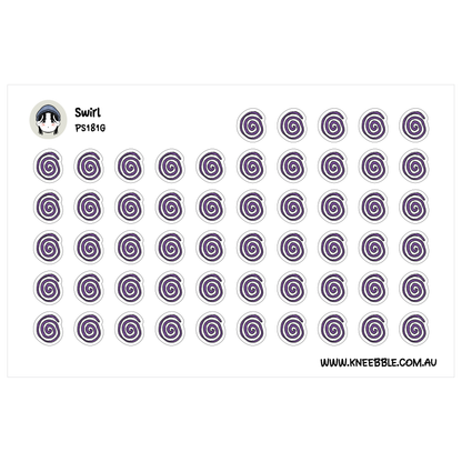 a grid of purple spiral designs, with the text "Swirl PS1814G" and "www.kneebble.com.au" displayed above and below the grid.