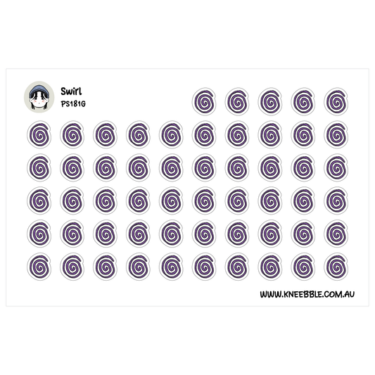 a grid of purple spiral designs, with the text "Swirl PS1814G" and "www.kneebble.com.au" displayed above and below the grid.