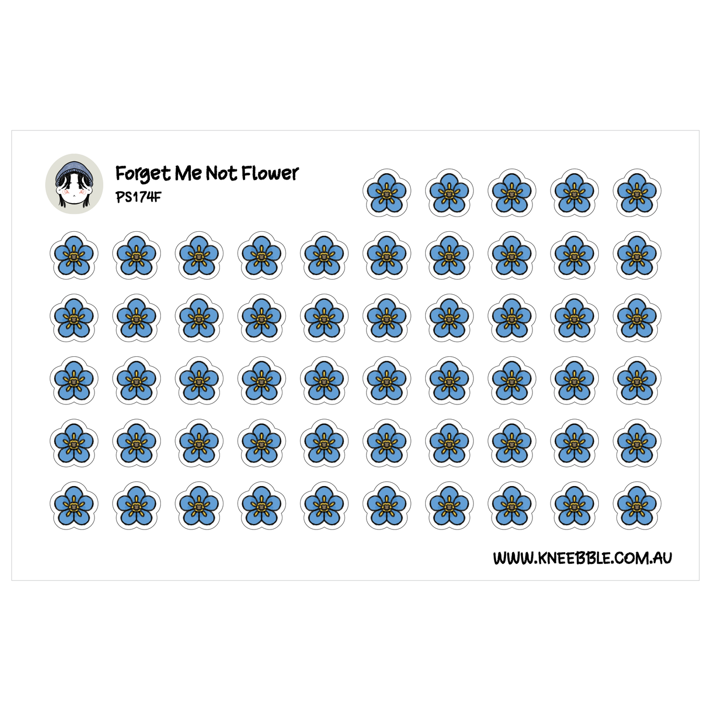 a grid of blue flower stickers arranged in rows and columns.