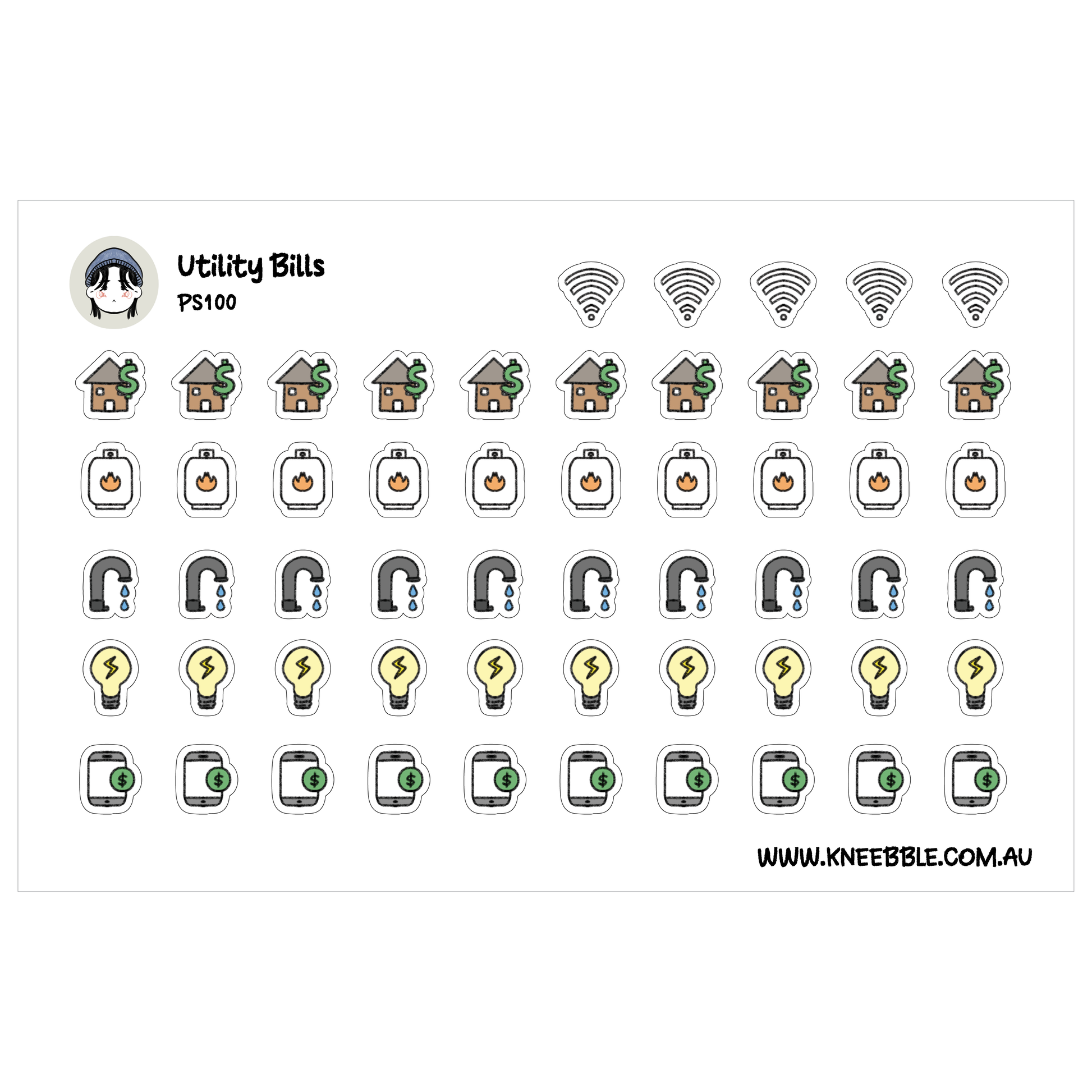 a grid of various utility bills and smart home devices, including Wi-Fi signals, house icons, lightbulbs, and other icons representing different aspects of home technology and energy consumption.