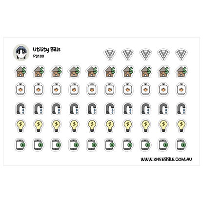 a grid of various utility bills and smart home devices, including Wi-Fi signals, house icons, lightbulbs, and other icons representing different aspects of home technology and energy consumption.
