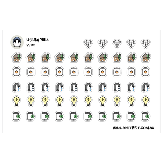 a grid of various utility bills and smart home devices, including Wi-Fi signals, house icons, lightbulbs, and other icons representing different aspects of home technology and energy consumption.