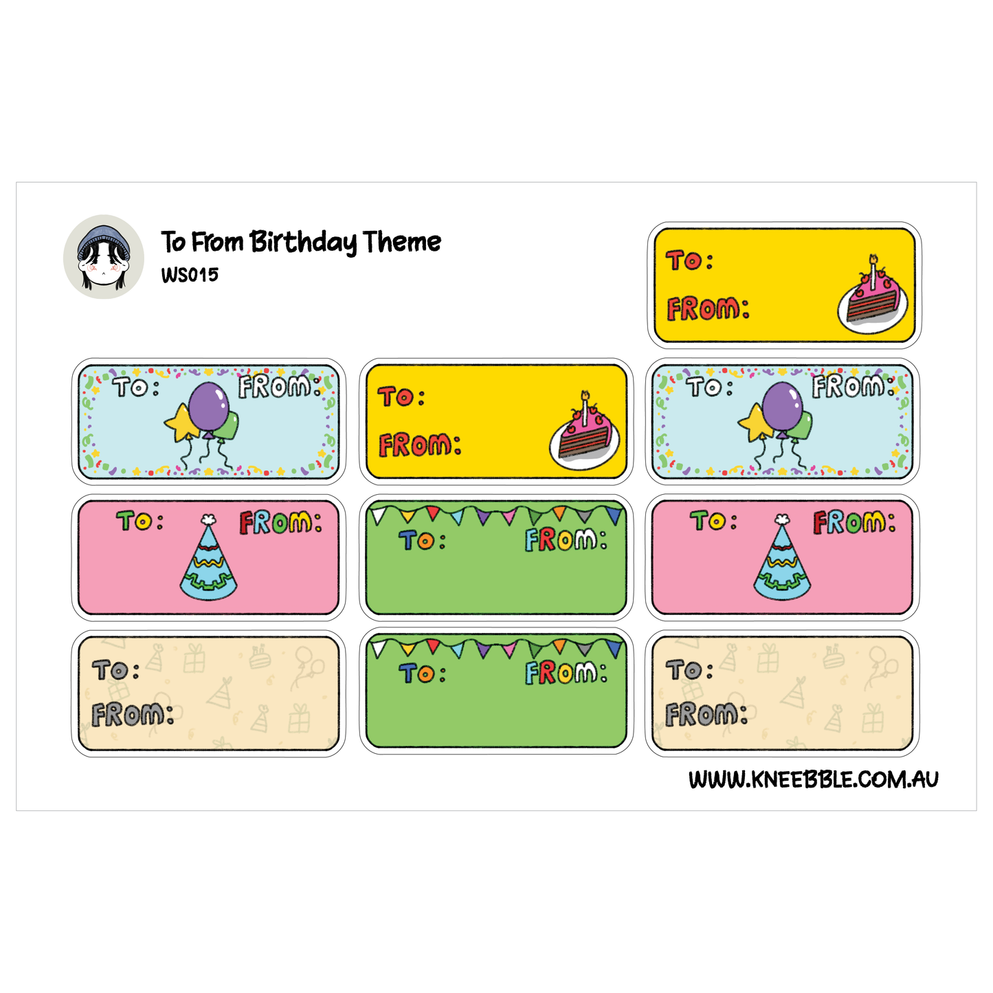 a collection of colorful birthday-themed labels with illustrations of cakes, balloons, and party decorations. The labels are intended for use as gifts or decorations for birthdays.