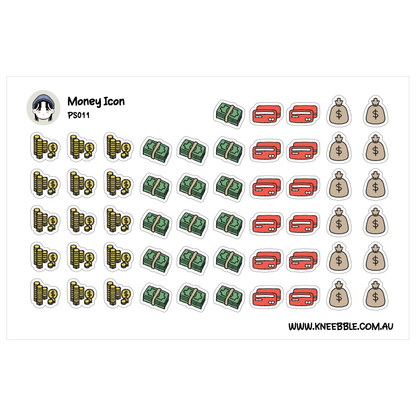 various money-related icons, including dollar bills, coins, and credit cards, arranged in rows and columns.