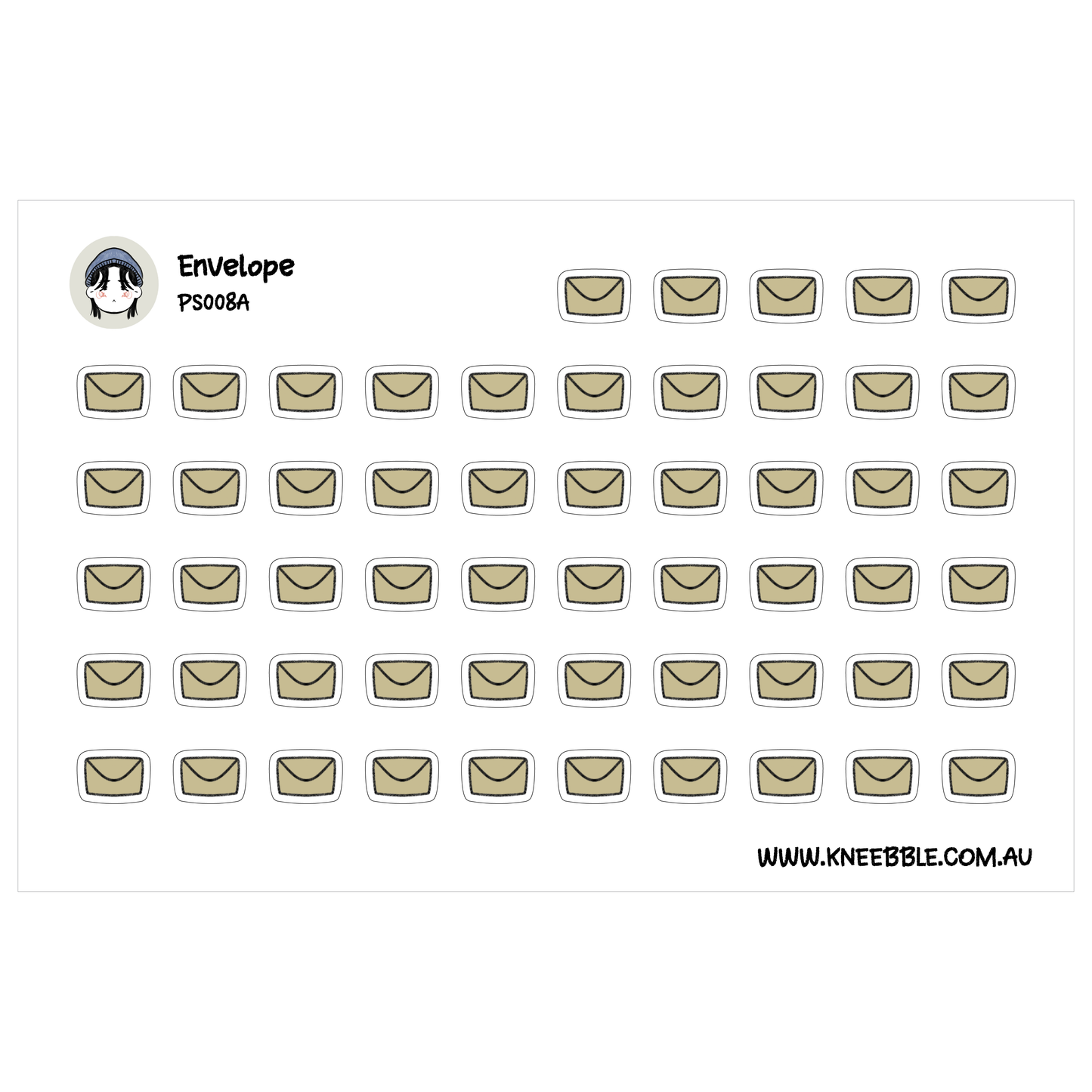 a grid of beige envelopes, each with a small illustration of a face on it. The envelopes are arranged in rows and columns, creating a visually organized and repetitive pattern.