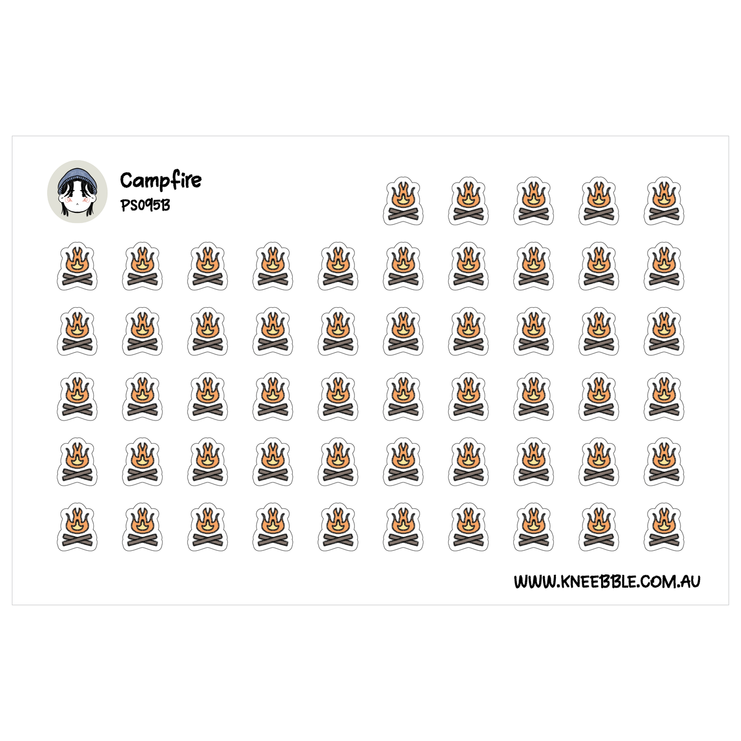 a grid of small, repeating stickers with a stylized design of a campfire.