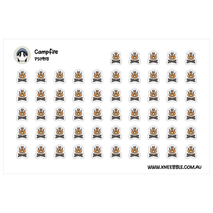 a grid of small, repeating stickers with a stylized design of a campfire.