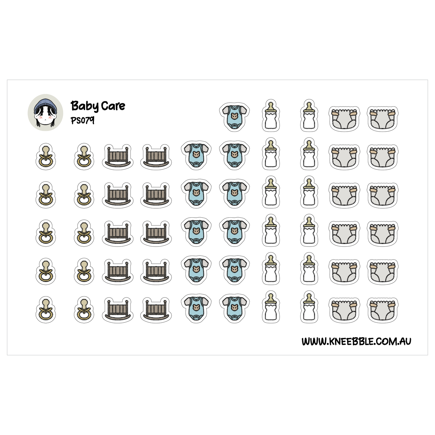 a collection of baby care-related icons and illustrations, including baby bottles, diapers, cribs, and pacifiers.