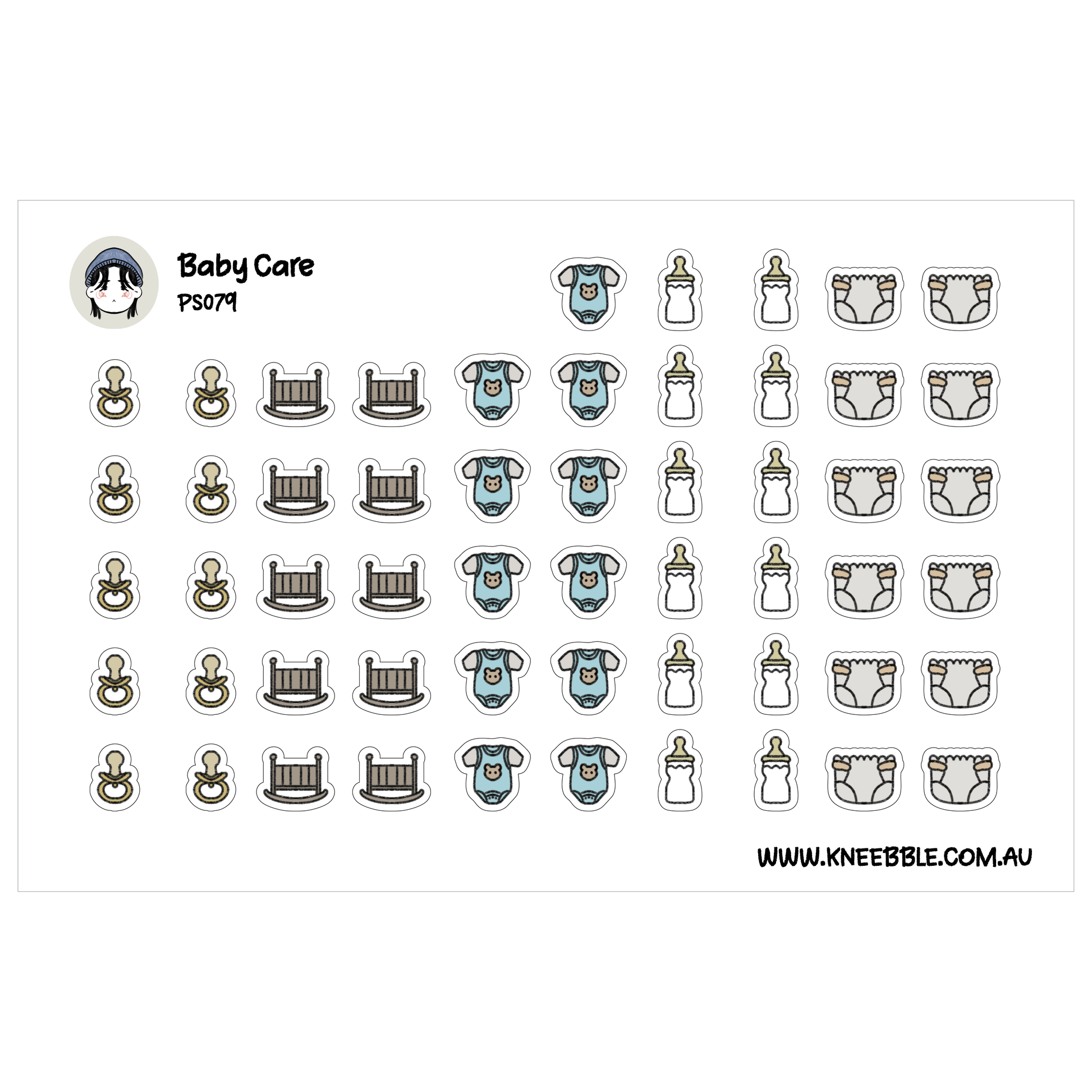 a collection of baby care-related icons and illustrations, including baby bottles, diapers, cribs, and pacifiers.