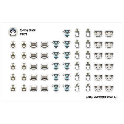 a collection of baby care-related icons and illustrations, including baby bottles, diapers, cribs, and pacifiers.