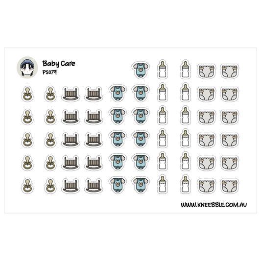 a collection of baby care-related icons and illustrations, including baby bottles, diapers, cribs, and pacifiers.