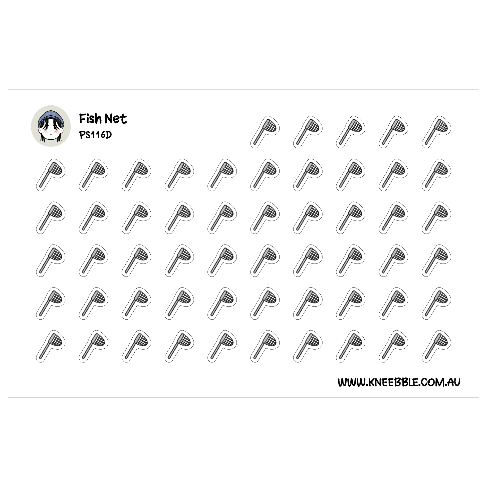 a grid of black and white icons depicting various objects, such as a fish net, a mop, and a broom.