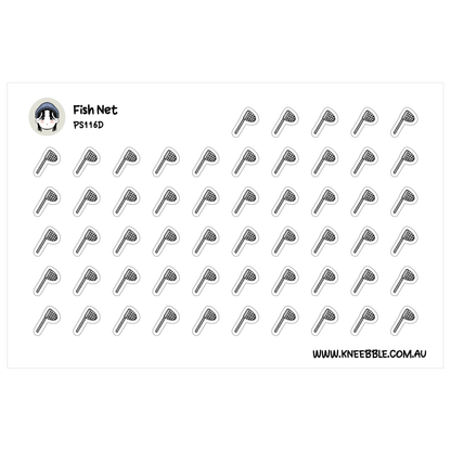 a grid of black and white icons depicting various objects, such as a fish net, a mop, and a broom.