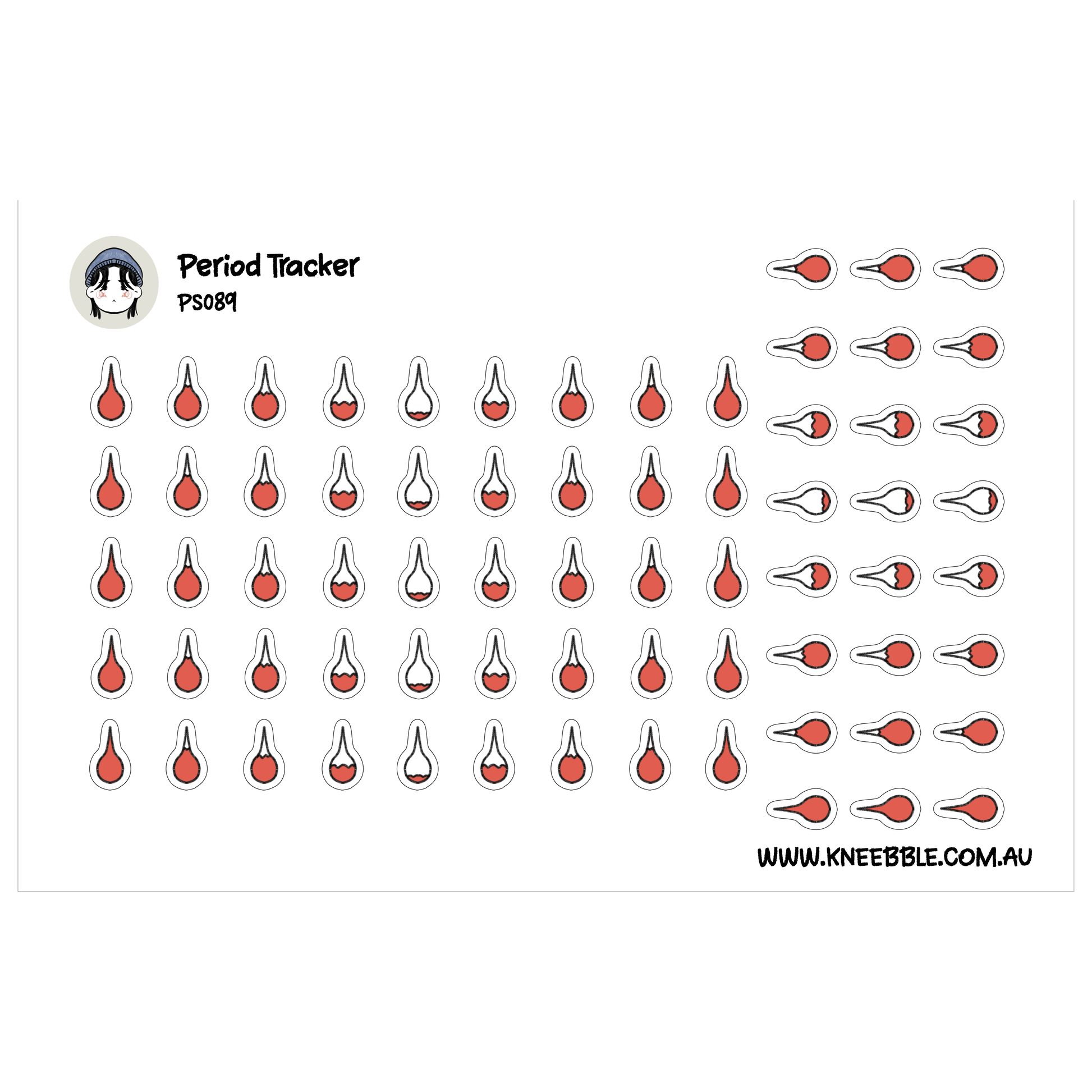 a collection of red and white icons arranged in rows and columns, resembling a periodic table or a grid. The icons appear to be related to a tracking system or a calendar, with the text "Period Tracker" and "PS089" visible. The image does not contain any text that can be described in more detail, and it does not include any additional information beyond the icons themselves.