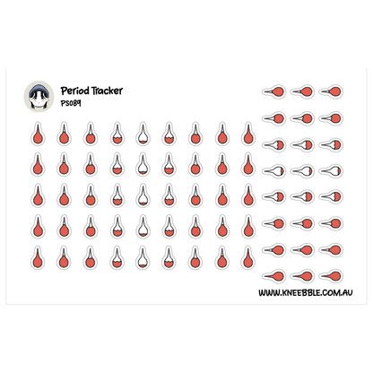 a collection of red and white icons arranged in rows and columns, resembling a periodic table or a grid. The icons appear to be related to a tracking system or a calendar, with the text "Period Tracker" and "PS089" visible. The image does not contain any text that can be described in more detail, and it does not include any additional information beyond the icons themselves.