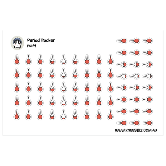 a collection of red and white icons arranged in rows and columns, resembling a periodic table or a grid. The icons appear to be related to a tracking system or a calendar, with the text "Period Tracker" and "PS089" visible. The image does not contain any text that can be described in more detail, and it does not include any additional information beyond the icons themselves.
