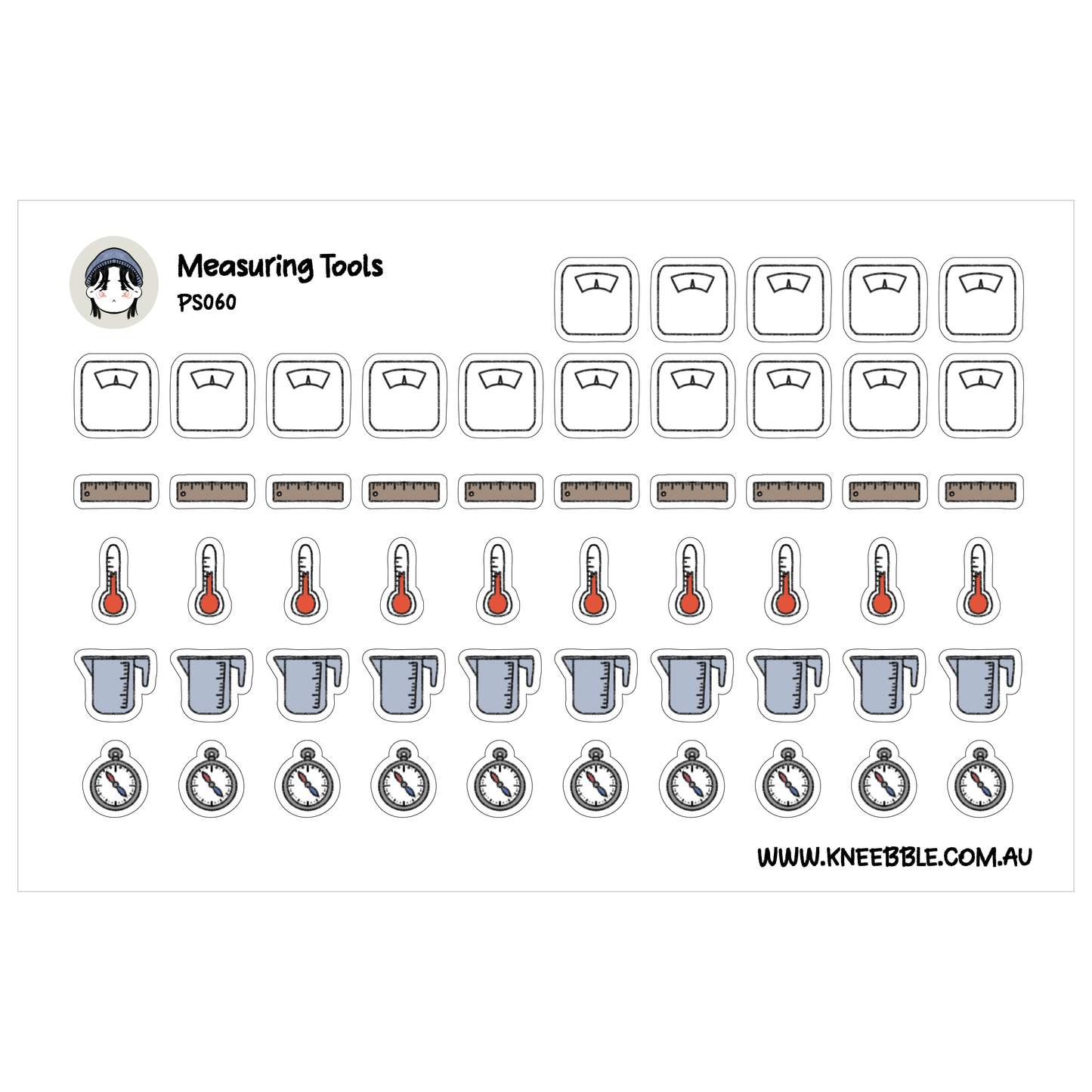 a collection of measuring tools, including scales, thermometers, and measuring cups, arranged in rows and columns.
