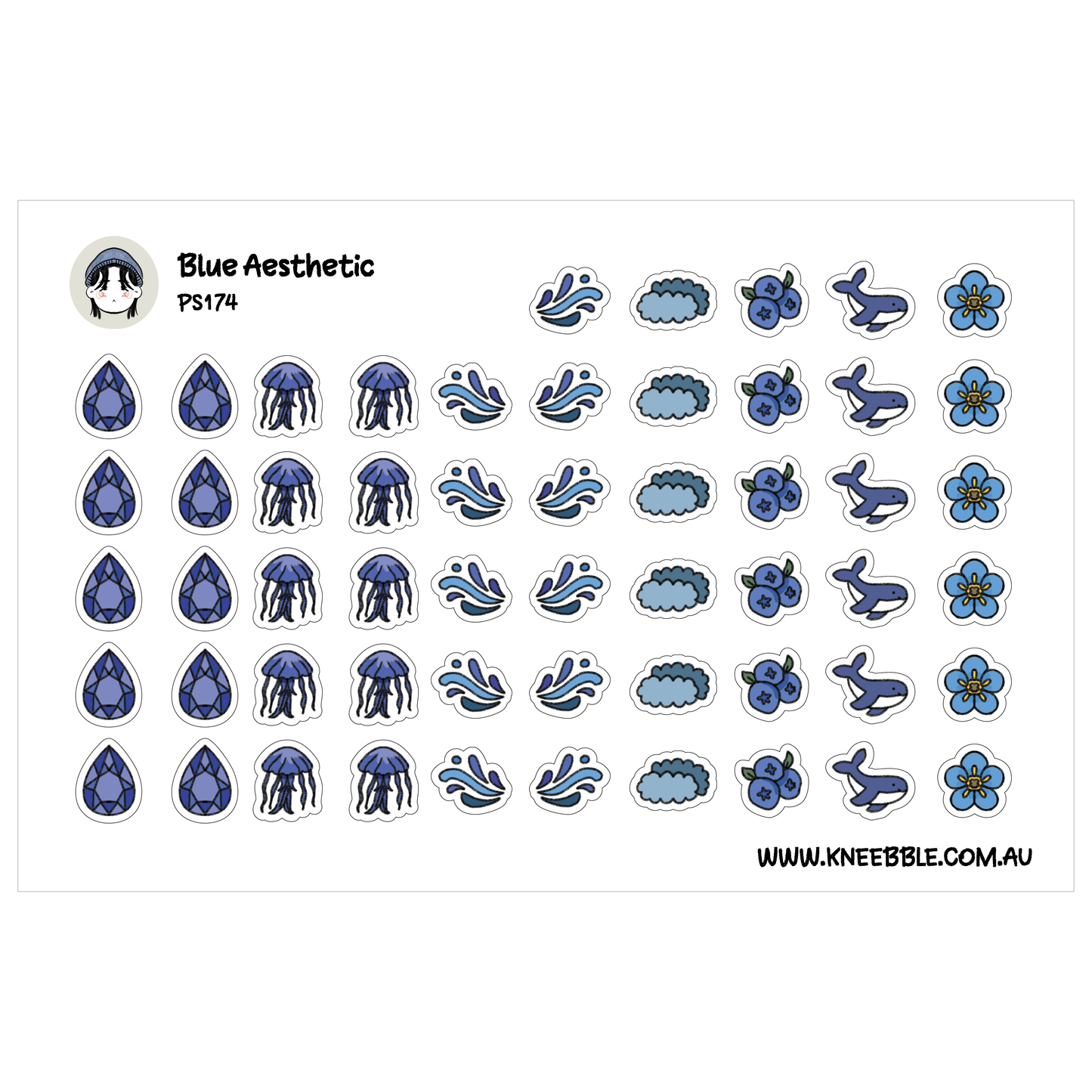 a collection of various blue-themed stickers and illustrations, including jellyfish, flowers, and other marine life.