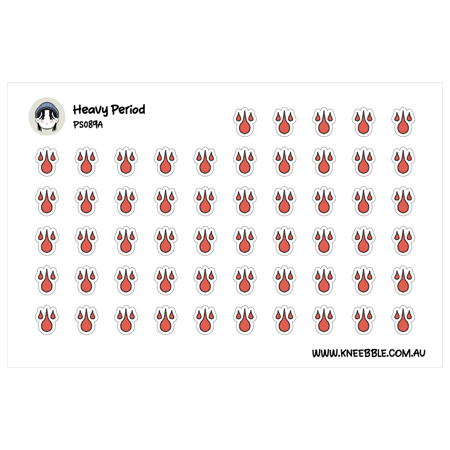 a grid of red paw prints, with the text "Heavy Period" and "PS0894" above the grid.