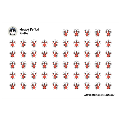 a grid of red paw prints, with the text "Heavy Period" and "PS0894" above the grid.